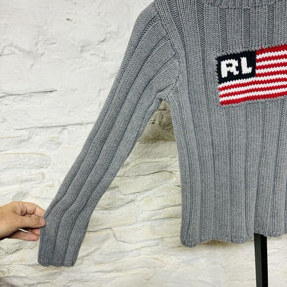 Vintage Polo Jeans Co Ralph Lauren Gray American Flag Chunky Rib Knit Sweater - Picture 4 of 6